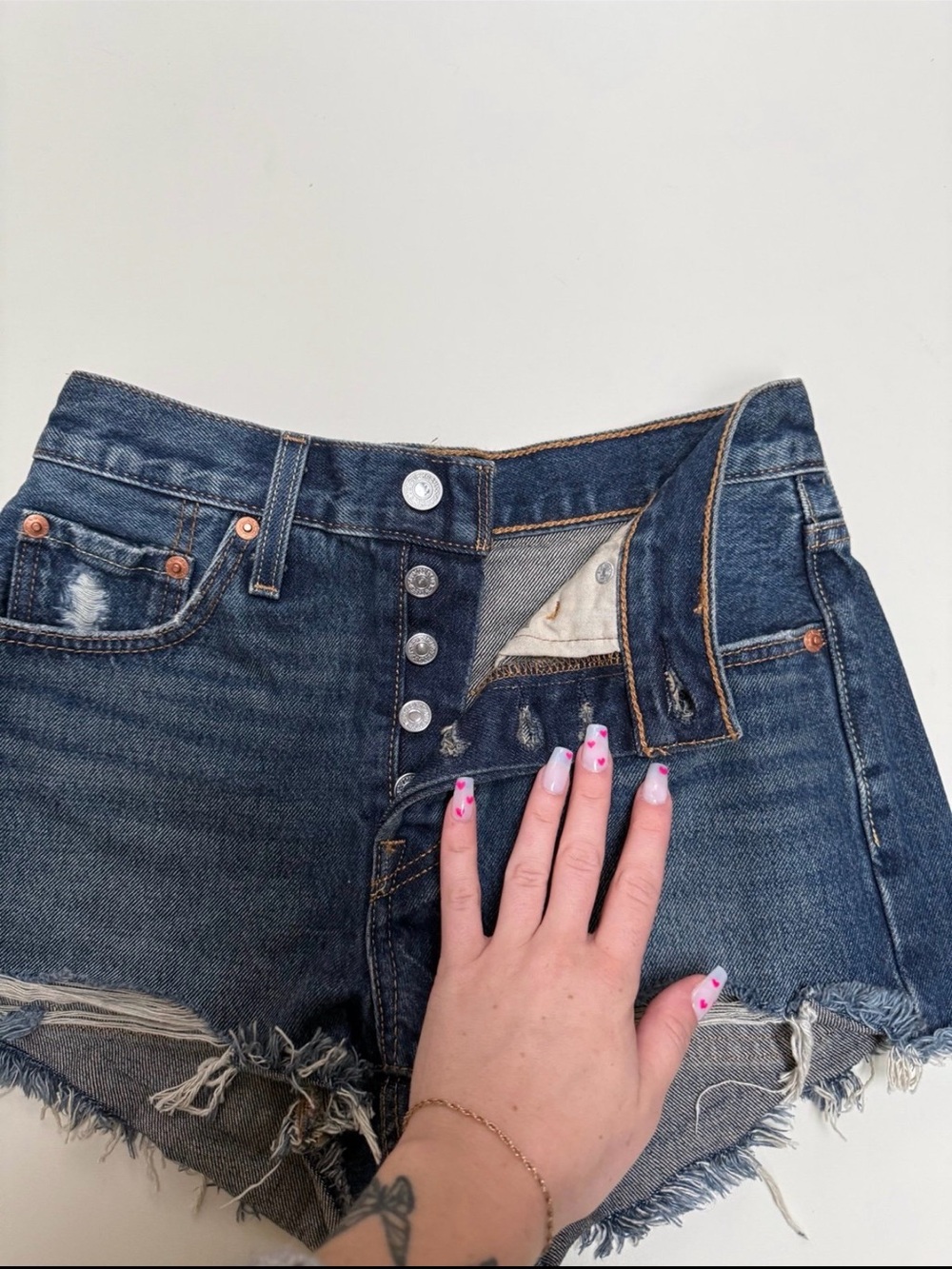 High-Rise Raw Hem Dark Blue Denim Shorts - Picture 2 of 3